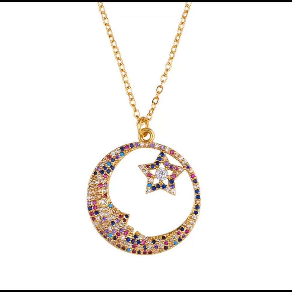 Bling Crystal Crescent Moon Star Gold Necklace